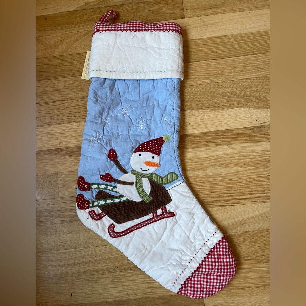 Pottery Barn Stocking with tags, snowman